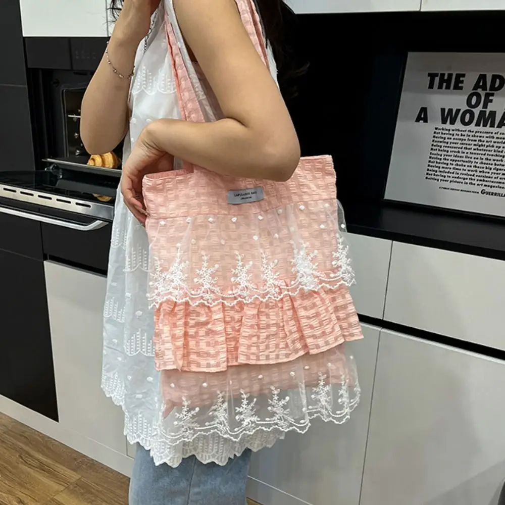 

Elegant Sweet Fresh Lace Handbag Cute Ruched Bowknot Ruffle Shoulder Bag Pastoral Style Underarm Bag Cloth Dumpling Bag Students