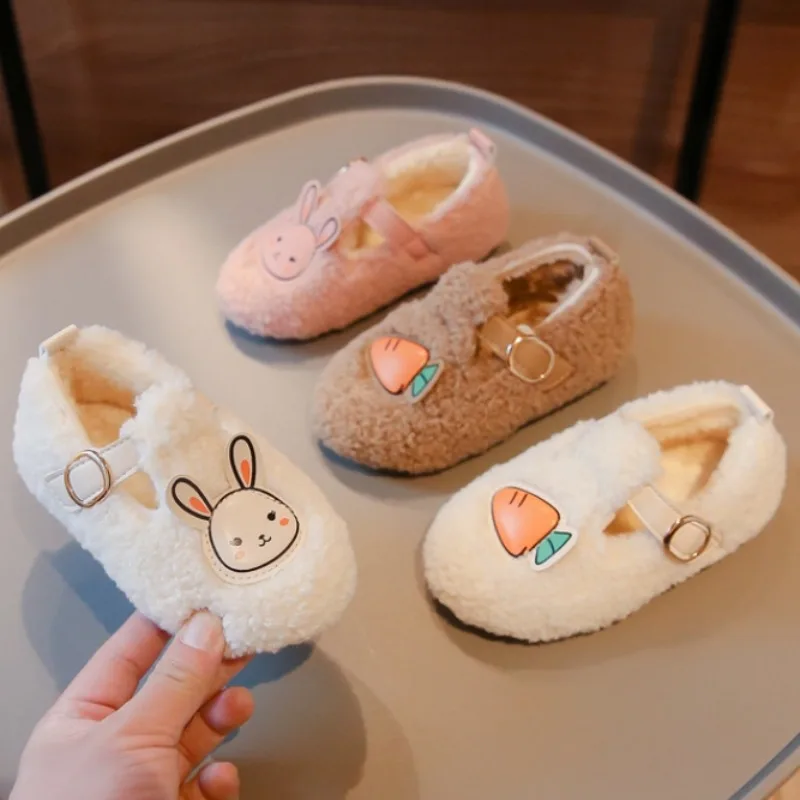 Kids Lamb Furry Flat Shoes Autumn Winter Warm Plush Girl Shoes Shallow Cute Rabbit Children's Cotton Shoe Chaussure Enfant Fille