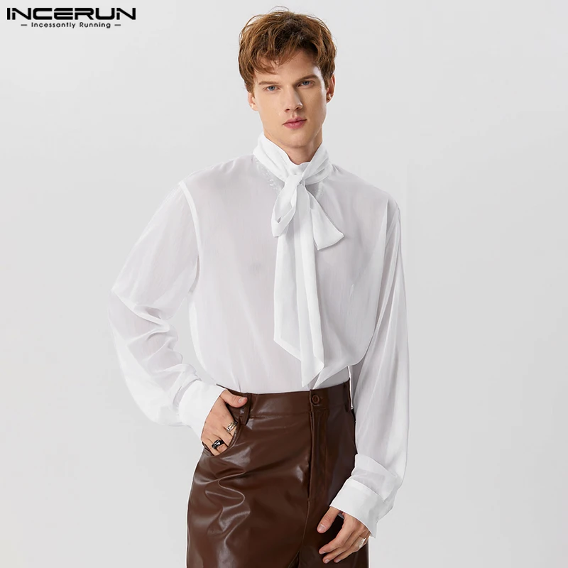 Casual Fashionable Style Tops INCERUN Men Chiffon Perspective Ribbon Shirts Male Half High Collar Thin Long Sleeved Blouse S-5XL