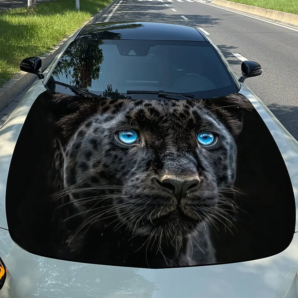 

Наклейка на капот автомобиля Blue Eyed Leopard — прочная виниловая пленка из ПВХ для защиты двигателя, стильный узор и смелый дизайн, идеально подходит для большинства