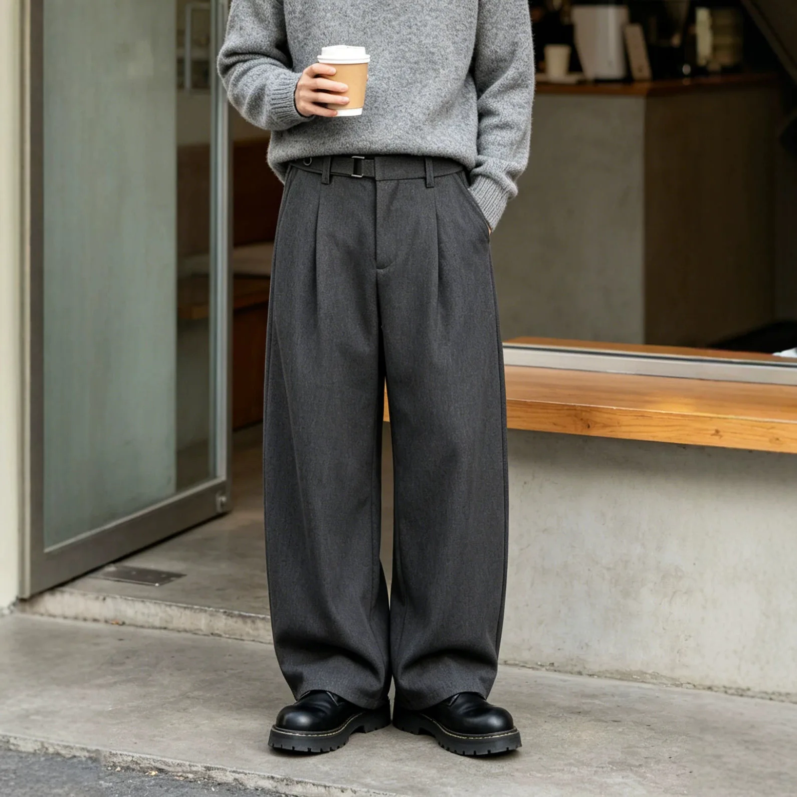 Men Black Grey Solid Color Loose Fit Floor Lengt Casual Trendy Daily Simple Basic Suit Pants New Fashion Male Bottom Clothes