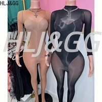 HLJ&GG Sexy Mesh See Through Bodycon Jumpsuits And Bodysuits Suits Women Long Sleeve