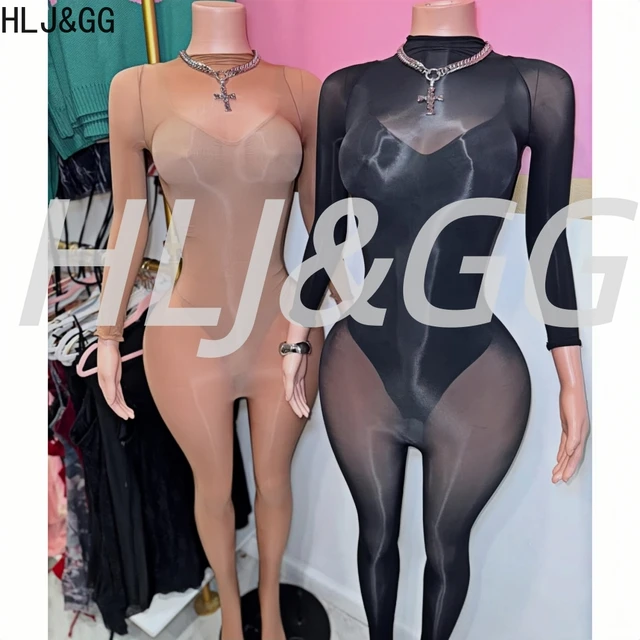 HLJ&GG Sexy Mesh See Through Bodycon Jumpsuits And Bodysuits Suits Women Long Sleeve Stretchy Playsuits Party Night Club Overall HLJ&GG Sexy Mesh See Through Bodycon Jumpsuits And Bodysuits Suits Women Long Sleeve