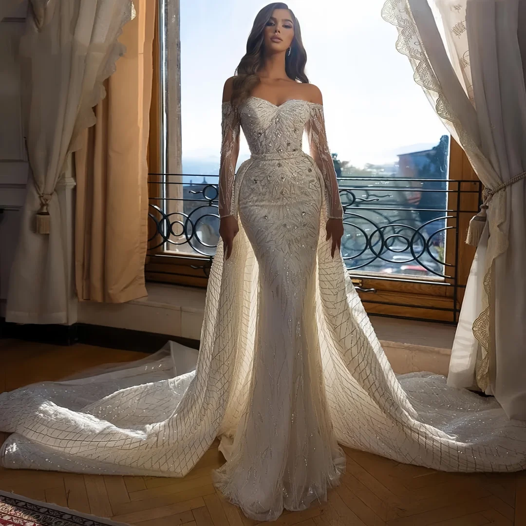 Suknie ślubne syreny na zamówienie, luksusowe, z dekoltem w serce, długie rękawy, suknia ślubna z odpinanym, błyszczącym trenem, Vestido De Novia