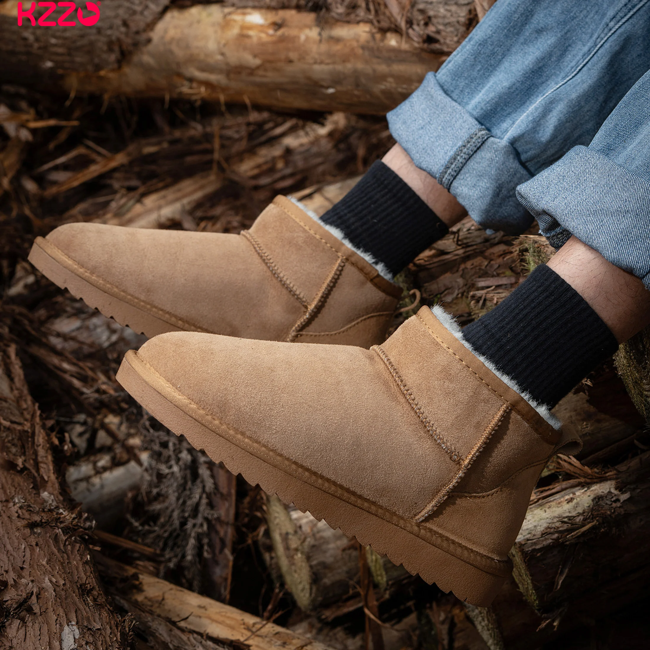 KZZO Women Sheepskin Leather Mini Snow Boots Australia Natural Wool Fur Lined Short Winter Warm Snow Shoes Non-slip Large size