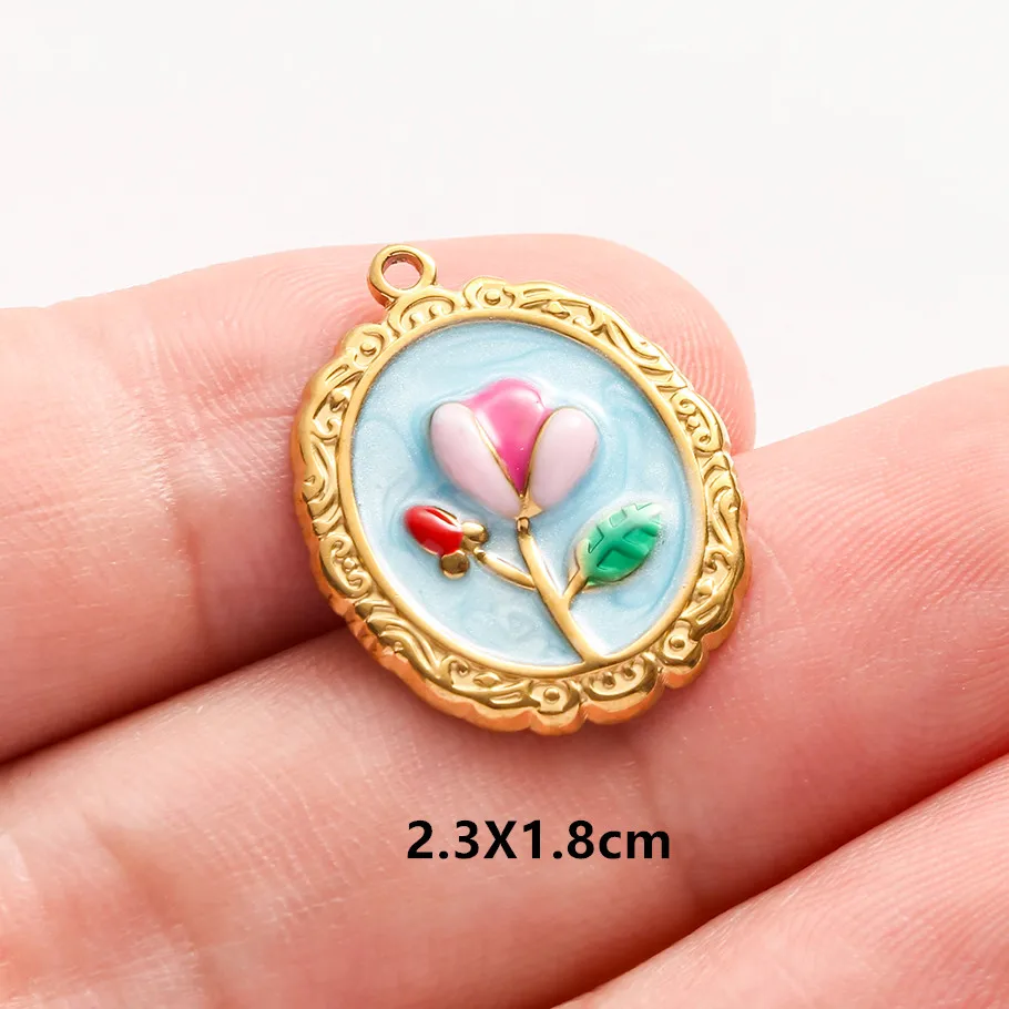 Echte Naturperlen, ovale, unregelmäßige Rosenblüten-Tulpen-Anhänger, bunte Emaille-Charms, Edelstahl-Charms für die Schmuckherstellung, Großhandel. – Detail 6