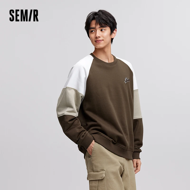 Semir Sweatshirt Men 2024 Winter New Contrasting Color Spliced Retro College Style Loose Embroidered Trendy Personality Top