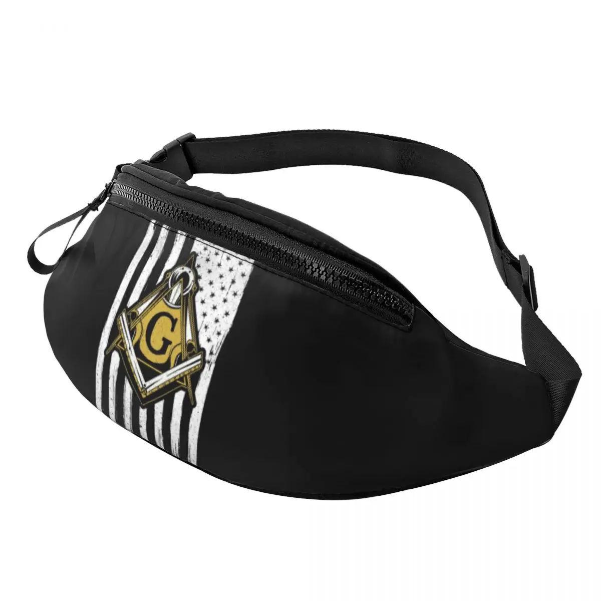 

Custom Masonic American Flag Fanny Pack Men Women Fashion Freemason Crossbody Waist Bag for Hiking Phone Money Pouch