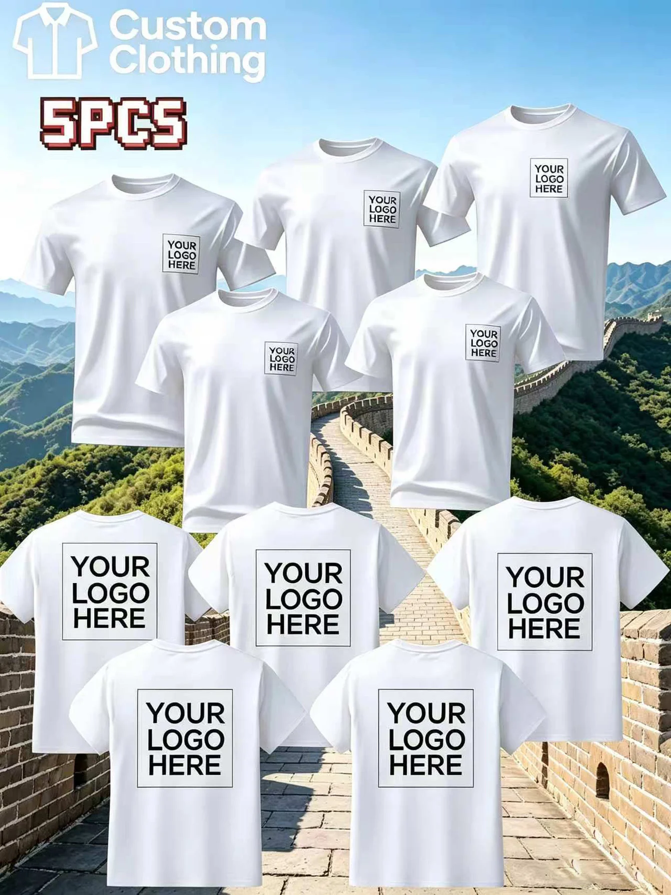 5-Pack Custom Men's T-Shirts – Personalize Your Own Design and Logo [Customizable on Left Chest or Back] – Ideal for Running, Da