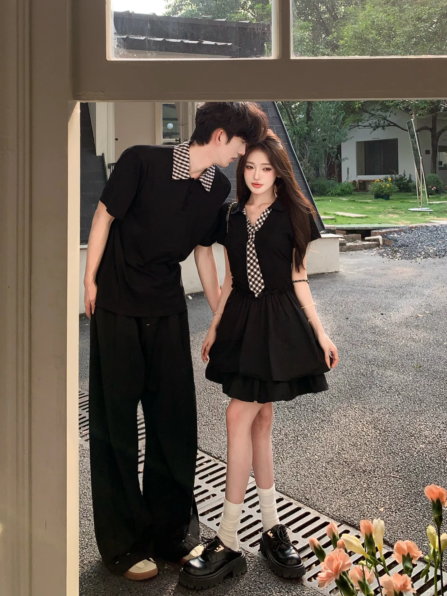 Couple's Checkered  Neck Short Sleeve T-Shirt Dress And Skirt Set Casual Style Standard Fit Universal Size for Men And Women