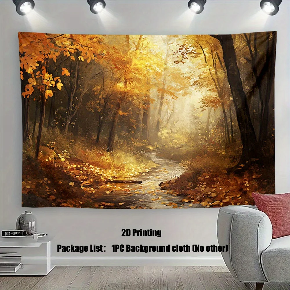 1 pieza de tela de fondo impresa plana 2D para corriente de bosque otoñal: diseño de hoja de otoño vibrante, sin necesidad de electricidad