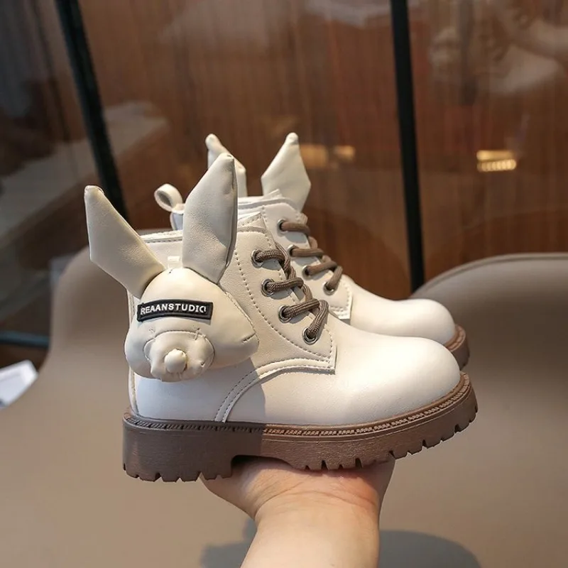 Kids Girls Leather Boots 2024 Autumn Winter Cartoon Rabbit Children Cotton-padded Ankle Boots Soft Bottom Rainbow Casual Shoes