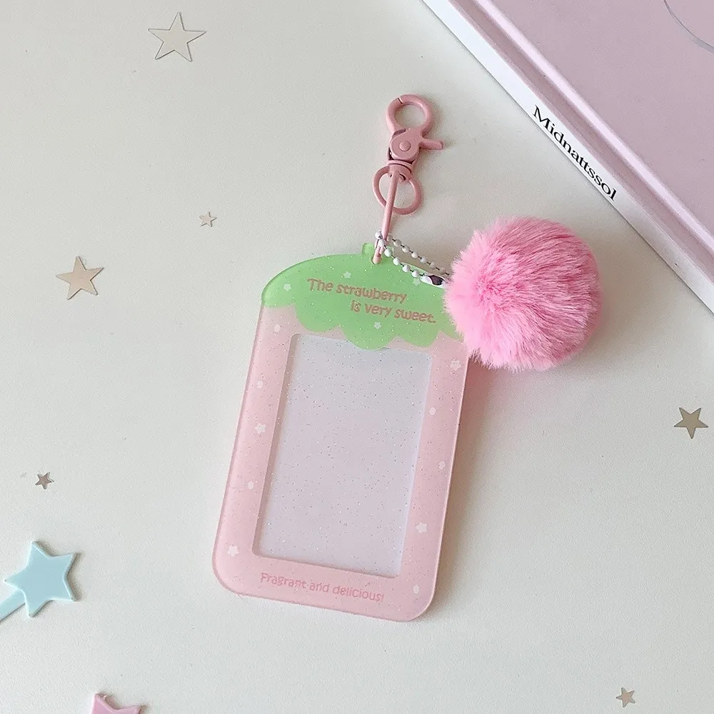 with Keychain Acrylic Photocard Holder Card Cover Plush Ball Pendant Photo Photocard Frame Fruit Strawberry Hanging Decoration