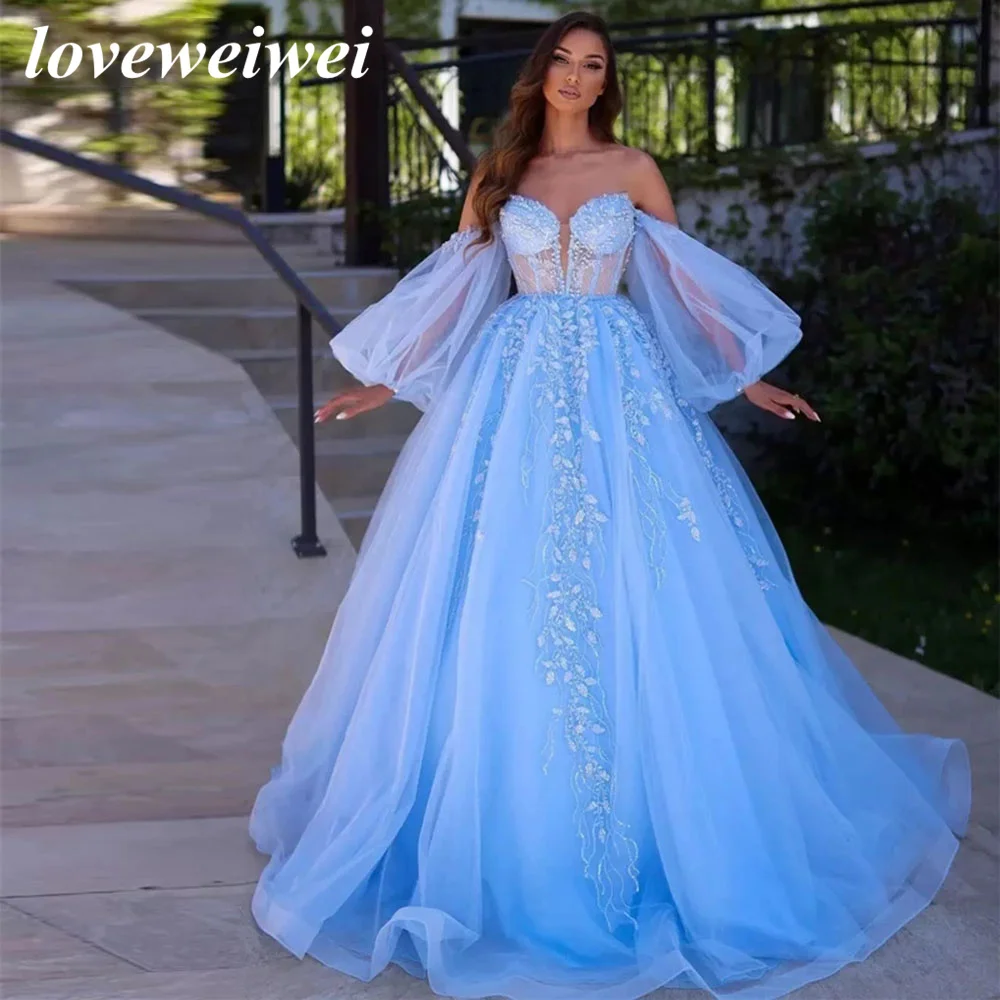 Encantador vestido de baile de tul azul cielo con apliques brillantes, vestido de graduación con cuentas, mangas abullonadas desmontables, vestido de noche de Princesa con corsé