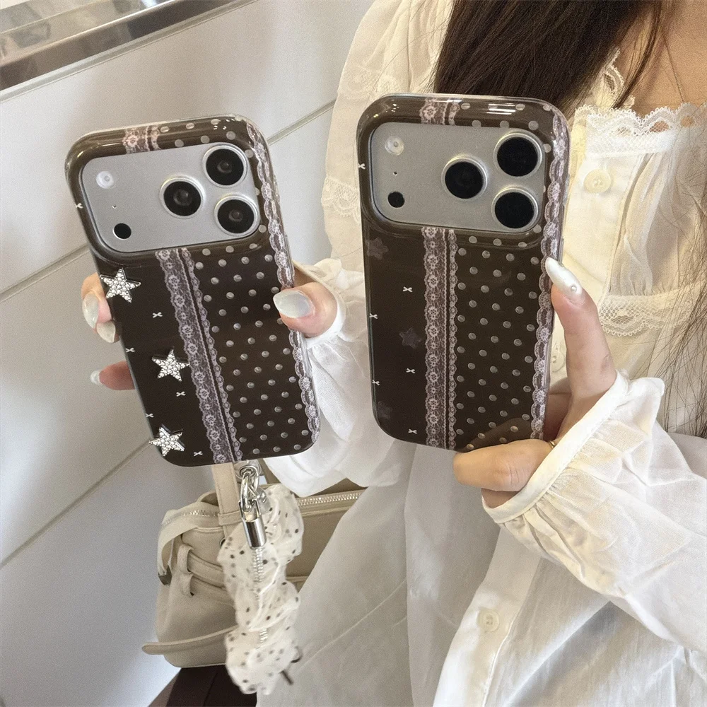 Vintage Brown Polka Dots Lace Star Phone Case For iPhone 15 16 17 18 Pro Max With Aesthetic Cute Shockproof Protective Cover