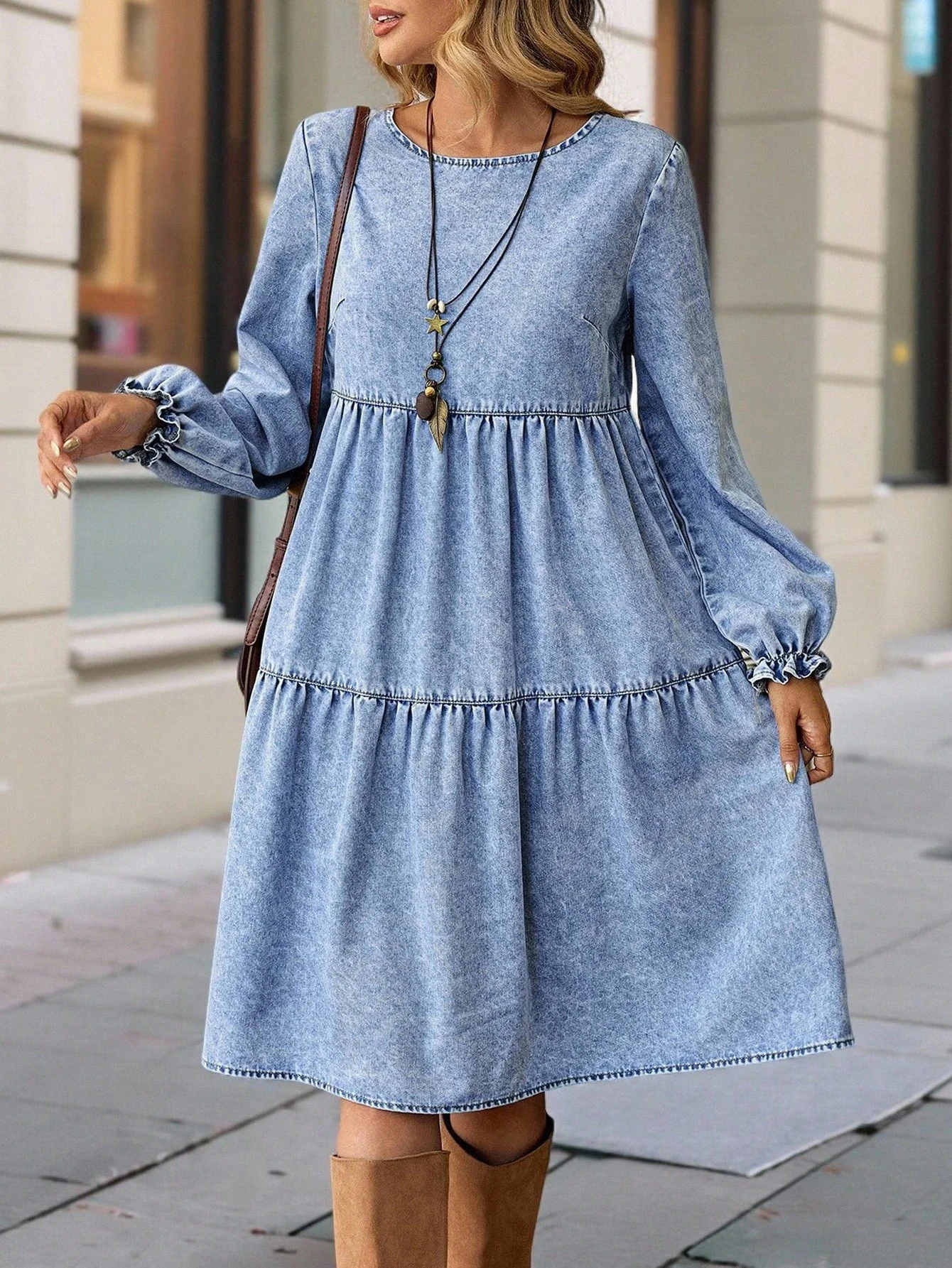 

Casual Retro Floral Print Long Sleeve Tiered Dress For Women