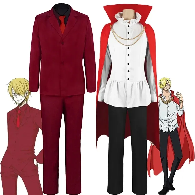 Sanji Cosplay Costume Shirt Long Pants Cloak Set Fantasy Red Uniform Set Halloween Carnival Party Cosplay Disguise Clothing