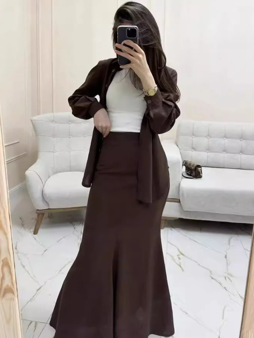 Eid muslimische Sets 2-teiliges Set für Frauen Button-up-Shirt & Rock Ramadan Frau Kimono Robe Kaftan 2024 Musulman Ensembles Anzüge