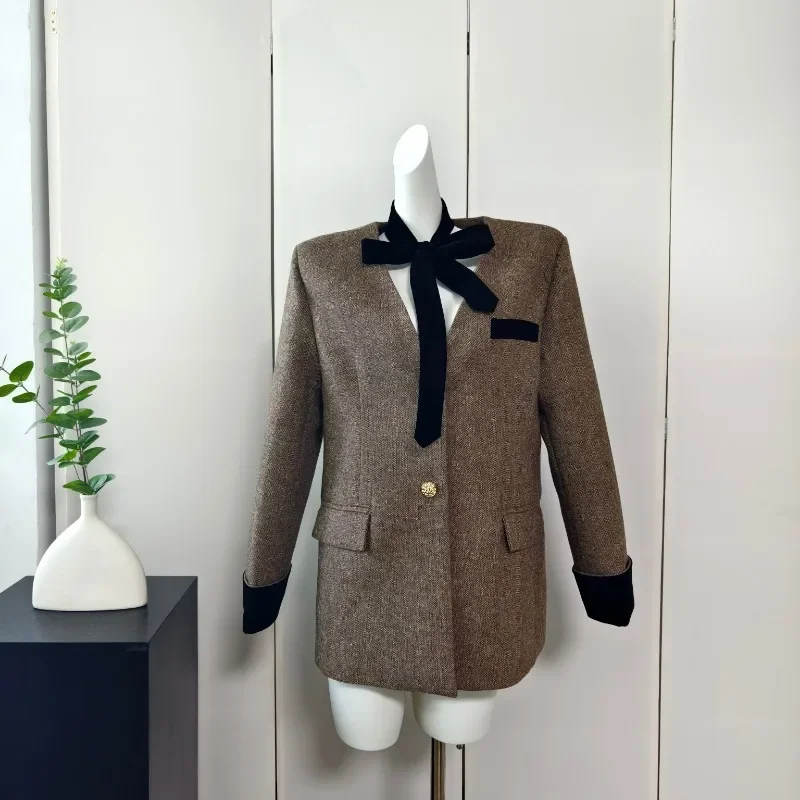 

2024 Korean Fashion Autumn New Women Tops Coats Elegant V-neck Long Sleeve Single Breasted Blazer Coat Jacket Female Clothing