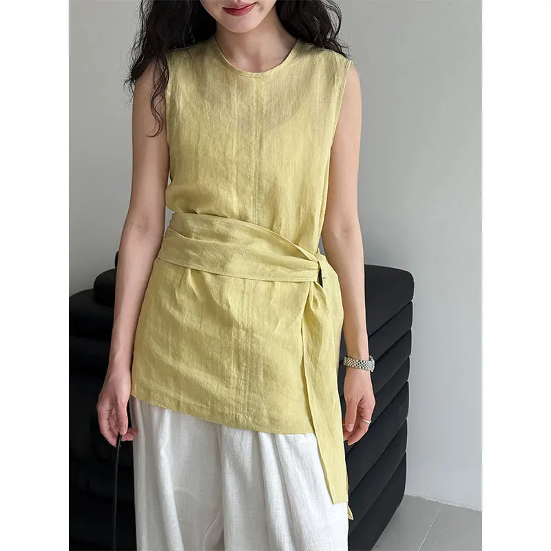 

Корейская темпераментная рубашка без рукавов с поясом, женская летняя новая дышащая рубашка Ramie, топ
