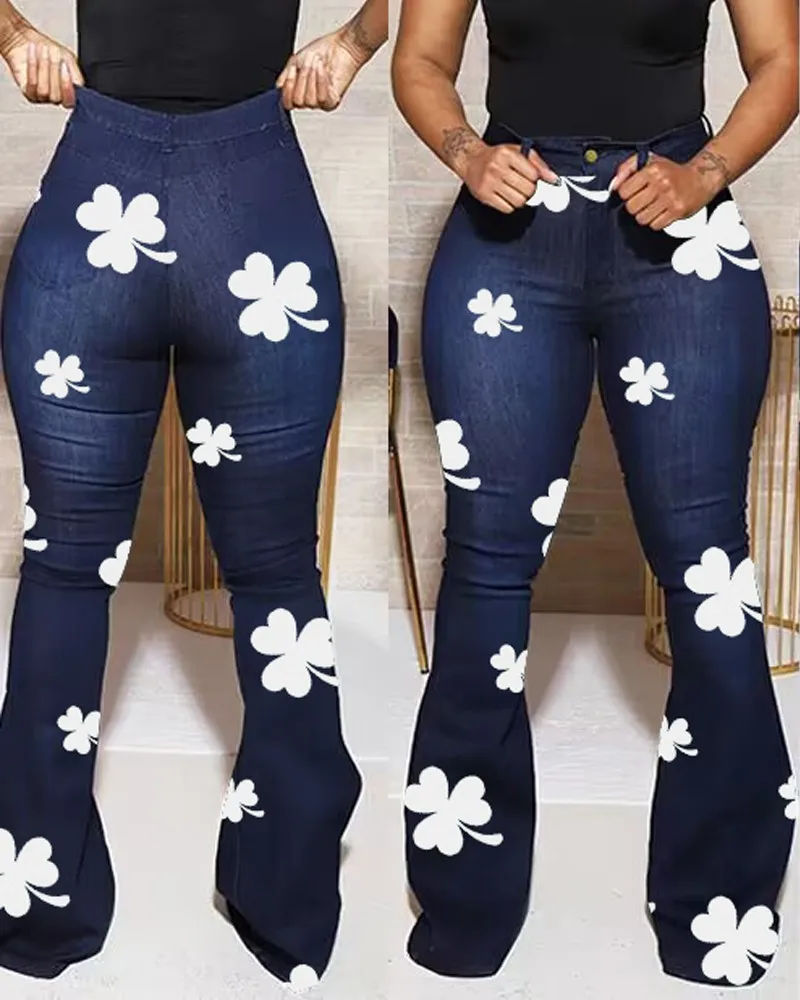 

Women Pants Elastic High Waist Ladies Trousers New Fashion St. Patrick's Day Lucky Shamrock Print High Waist Flared Leg Jeans