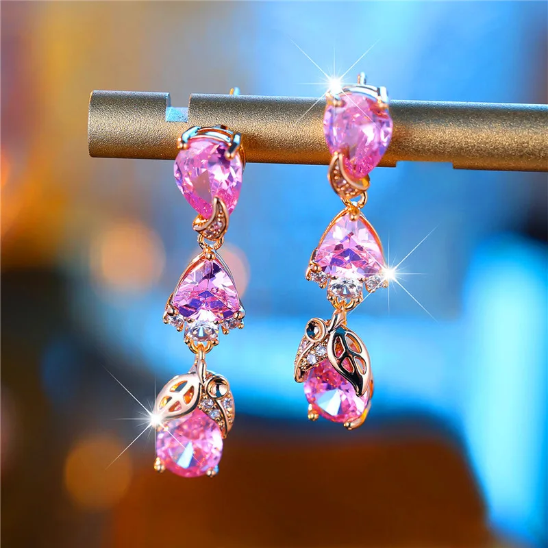 Luxury Female Pink Zircon Stone Clip Earrings Charm Gold Color Wedding Jewelry For Women