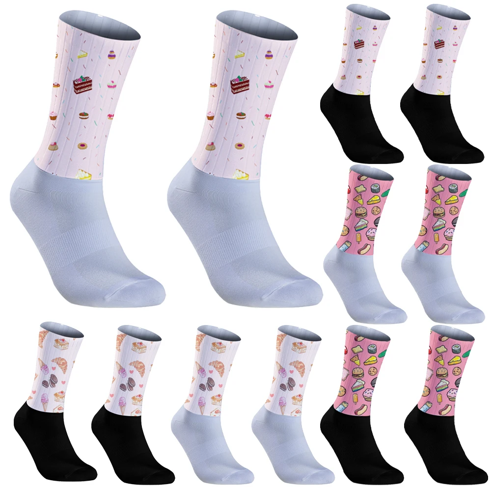 2024 New Pizza Burger Breathable Cycling Socks Anti Slip Silicone Seamless Aero Socks Men Women Road Bike Calcetines Ciclismo