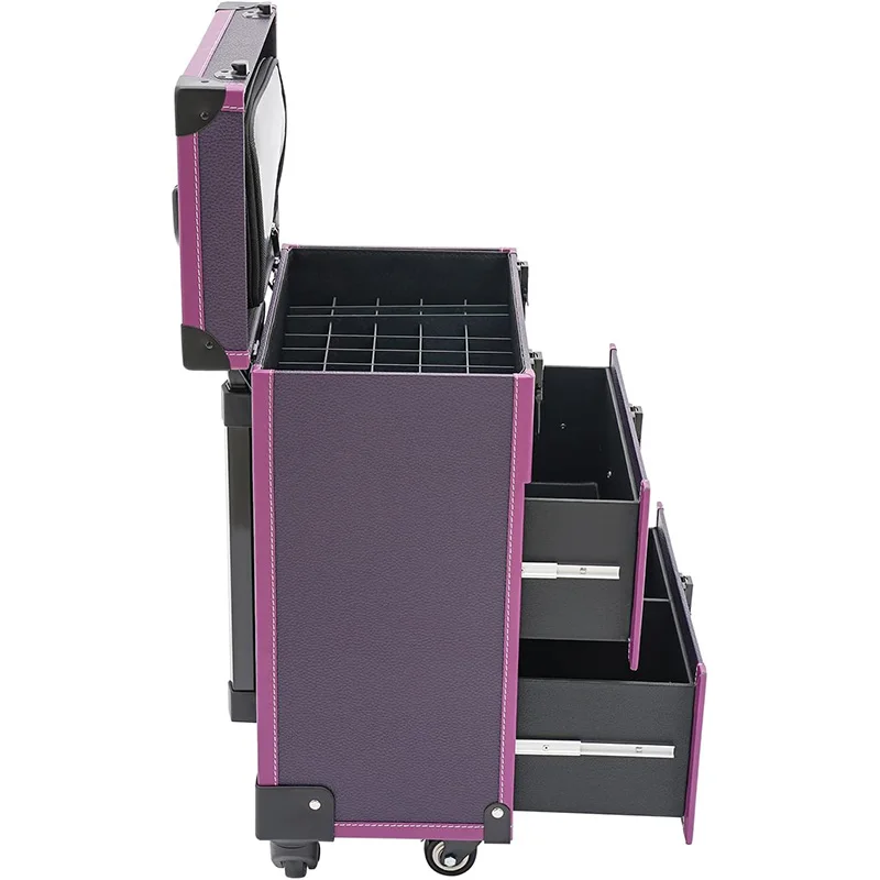 3-Tier Lockable Multi-Functional Cosmetic Suitcase Large Capacity Cosmetics Rolling Organizer for Barber Nail Salon Beauty Salon