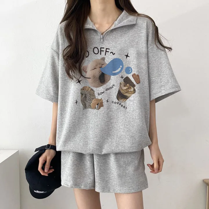 

Women T-shirts Sleepy Cat Printed Casual Tee Shirts Suits Comfortable Summer Female Clothes Soft O-neck Two Piece Shorts Sets