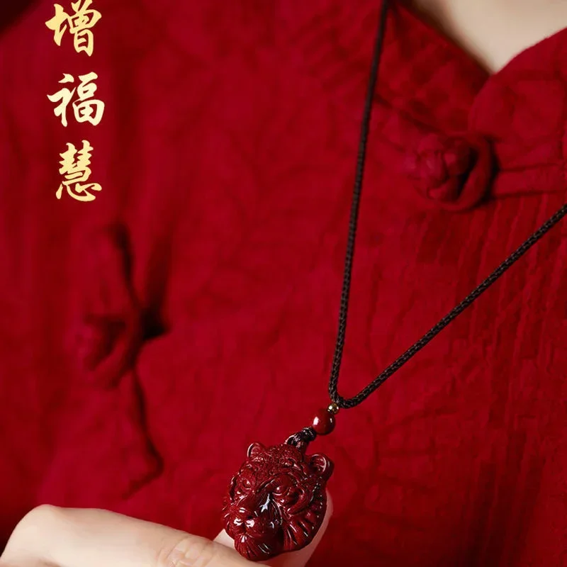 

Fashion Cinnabar Jade Tiger Head Pendant Necklace Jewellery Chinese Hand-Carved Healing Women Man Luck Gift Sweater Chain