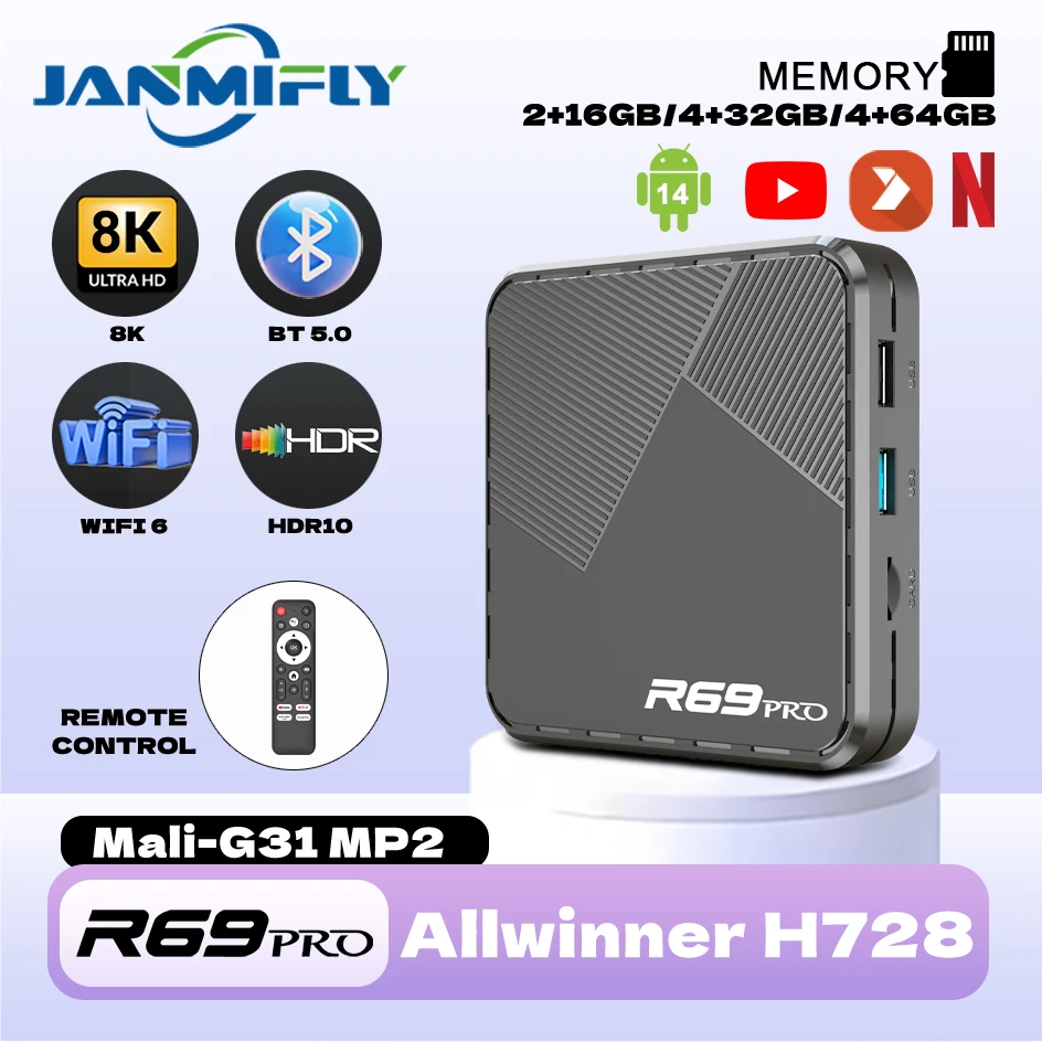 

Android Tv Box R69PRO Allwinner H728 Octa Core WiFi 6 Ethernet 1000M With Netflix 8K Ultra HD Google Smart Voice Set Top Box