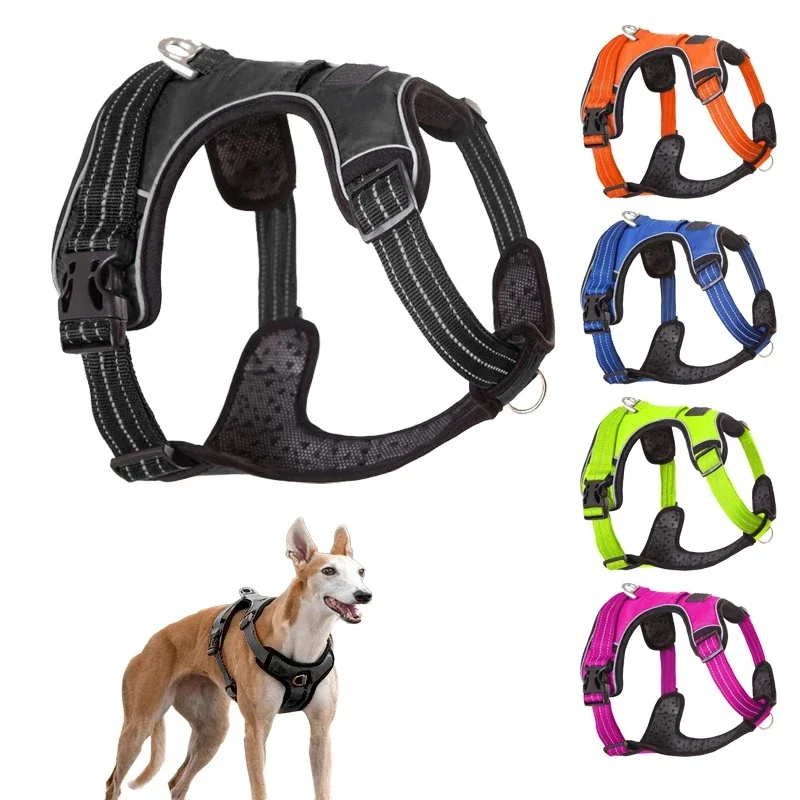 Padded Pet Dog Harness 3M Reflective Nylon Front Range Vest Harness Safety Vehicular Lead For Dogs Adjustable Straps Bulldog Pug