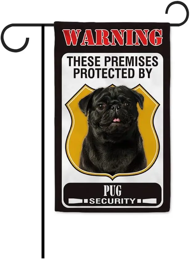 Эти помещения защищаются от черного мопса, садовый флаг, предупреждение о собаке, приветственный двор, флаг, баннер, знак для уличного фермерского дома, двухсторонний GGM