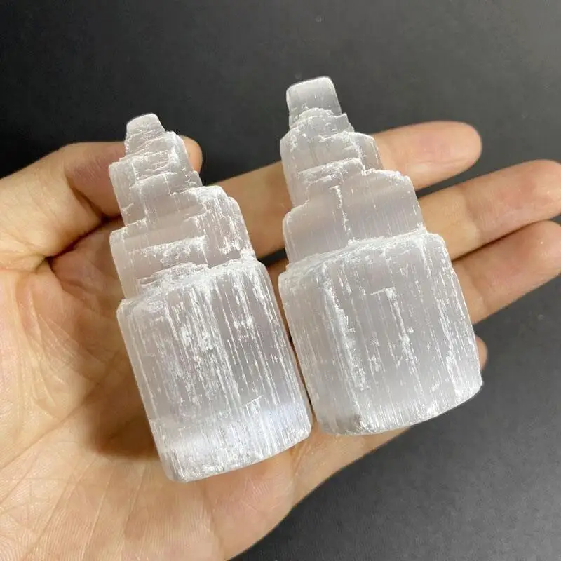 6.5cm Natural Selenite Gypsum Crystal Tower Skyscraper Castle Moroccan Healing Crystal Mineral Sculpture Craft Collection 1pcs