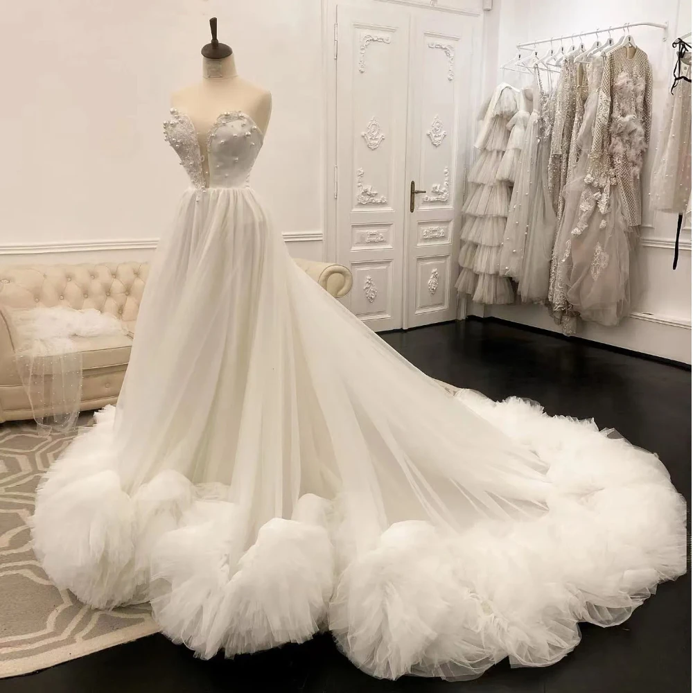 Nuovi abiti da sposa di lusso con scollo a V 2024 vestido de casamento perline perla senza maniche abito da ballo in Tulle abiti da sposa eleganti