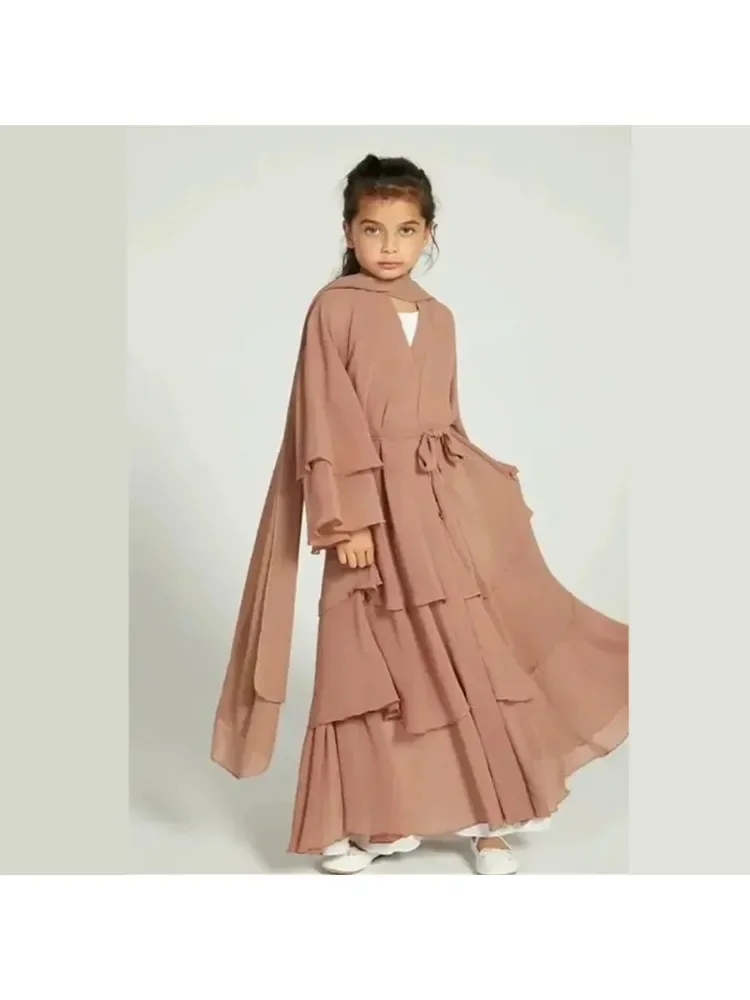 

Summer New Girls Chiffon Muslim dress Abaya Kids Open Abaya Girls Islamic Dresses Prayer Clothing for Children Long Robe Ramadan