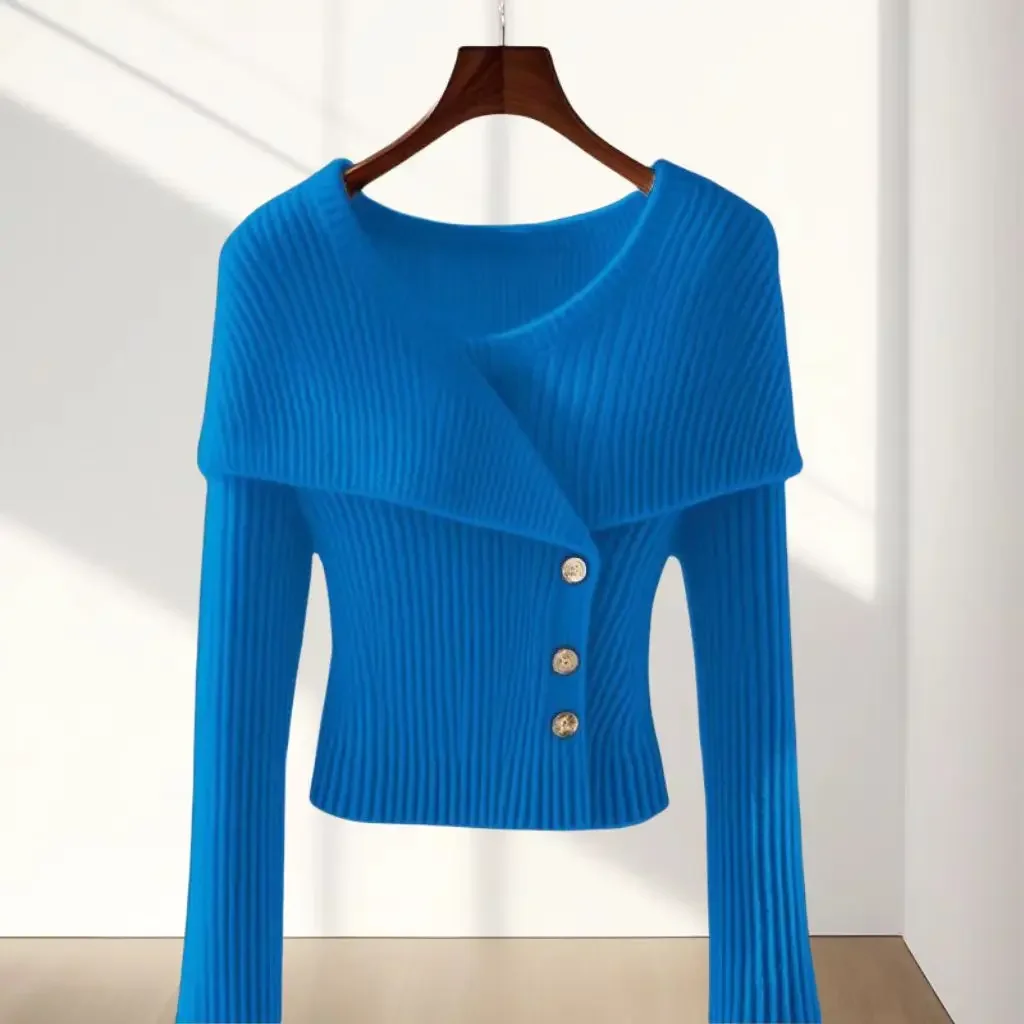 Autumn Winter Women's Sweater French Knitwear 2024 New Fashion Loose Casual Pure Colour Blue Pullover Outerwear Female