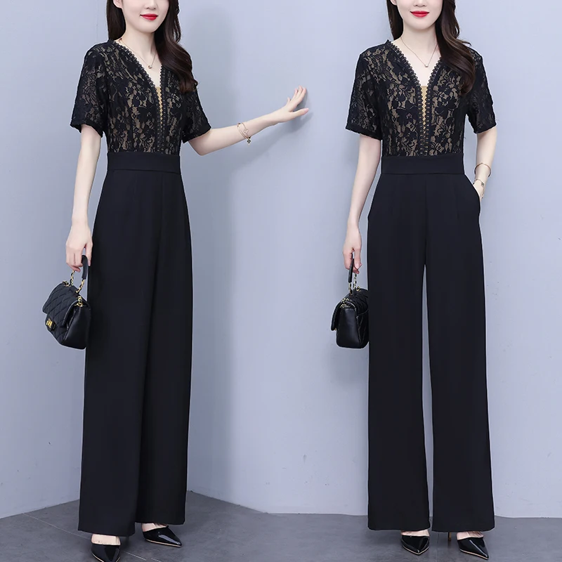 

Faionable Slimming Wide Leg Jumpsuit Set Women's Summer 2025 New Lace Splicing Dr High Waist Long Pants Polyes...