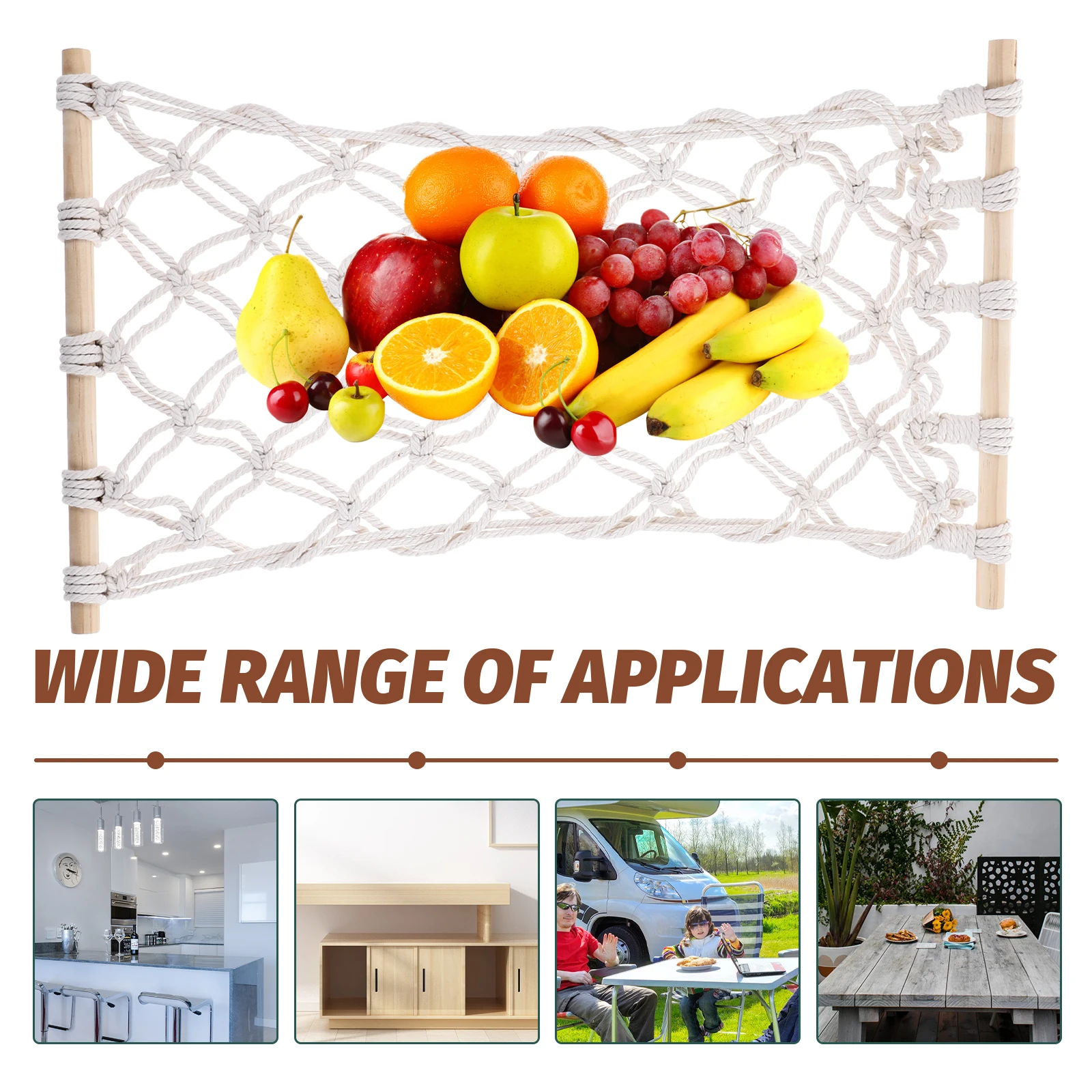 

Fruit Hanging Basket Vegetable Holder Woven Banana Nordic Pastoral Wooden Stick Cotton Rope Net Bag Large Capacity MultiFunction