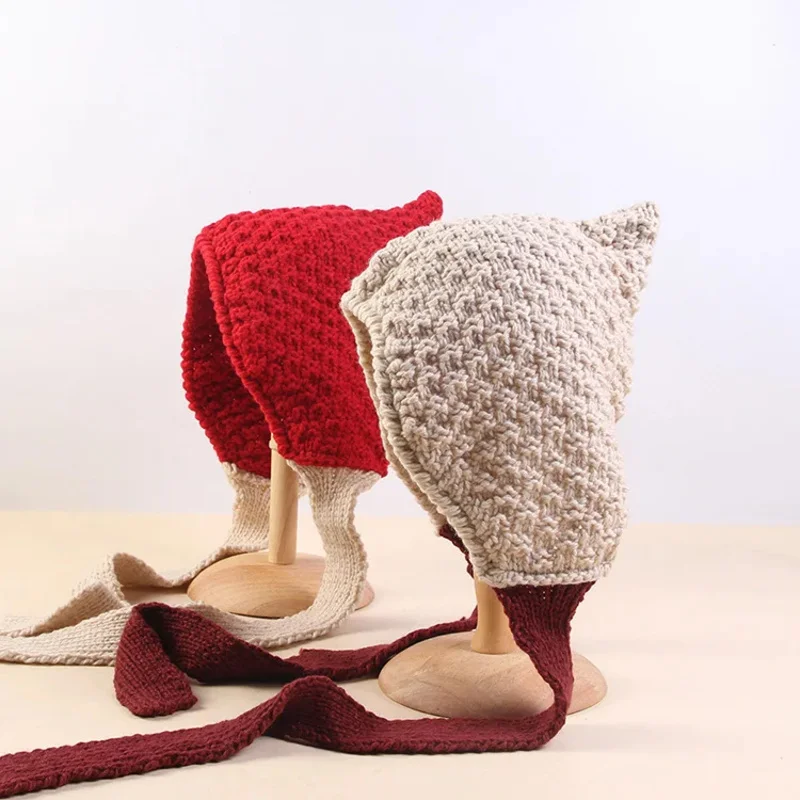 

Winter Women'S Casual Knitted Hat Earflap Girl Lady Thick Warm Bomber Hat Caps With Tail