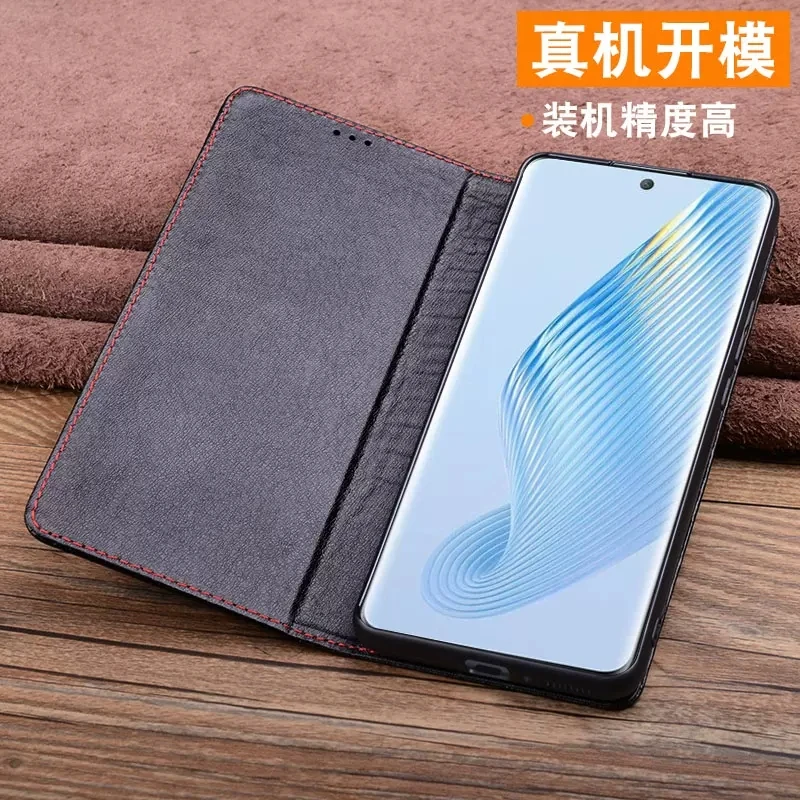 Original Genuine Cowhide Leather Flip Case for Honor Magic 5 Pro Business Crocodile Grids Pattern Phone Cover Full Coverage Book