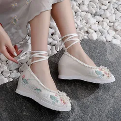 Antique Hanfu Kawaii Shoes Women Chinese Traditional Beaded Ancient Inside Heighten Embroidery Stage Dance Cosplay Performance