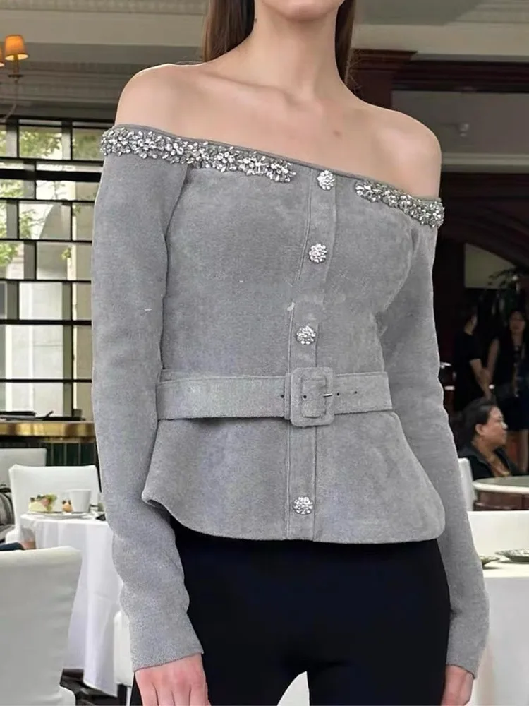 High-End Velvet Knitted oulder-Baring Long Sve Top French Sle Heavy Embellied One-oulder Velvet Knitwear for Women