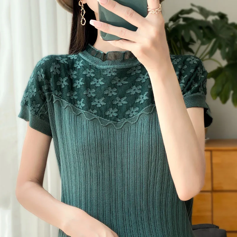 Summer New Women Cool Silk Short-sleeved Tees Lace Collar Fashion Carving Flower T-shirt Loose Casual Knitted All-match Tops