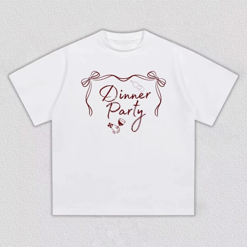 2026 Summer Evening Party Hand-painted Bowknot Collar T-Shirt for Adults Wine Glass Sketch Short-Sleeved T-Shirt