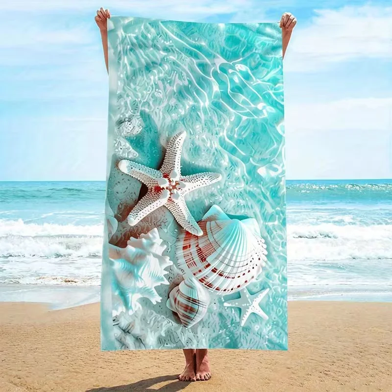 Seashell Starfish Beach Towel Coastal Marine Life Style Quick Dry Beach Blanket Soft Absorbent Towel for Summer Vacation Use