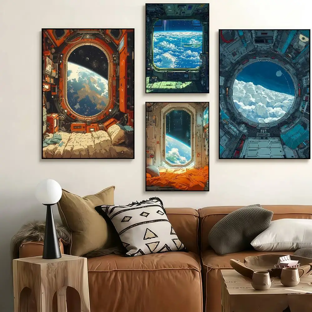 Iridescent Art On Spaceship Windows Poster Stickers Art Print Retro Vintage Wall Decor HD Living Room Home Office Gift Occasion