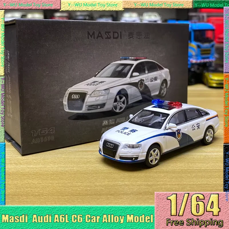 

New In Stock 1:64 Masdi Audi A6L C6 Car Alloy Miniature Diecast Audi Series Policecar Painting Ornaments Custom Toys Kids Gift
