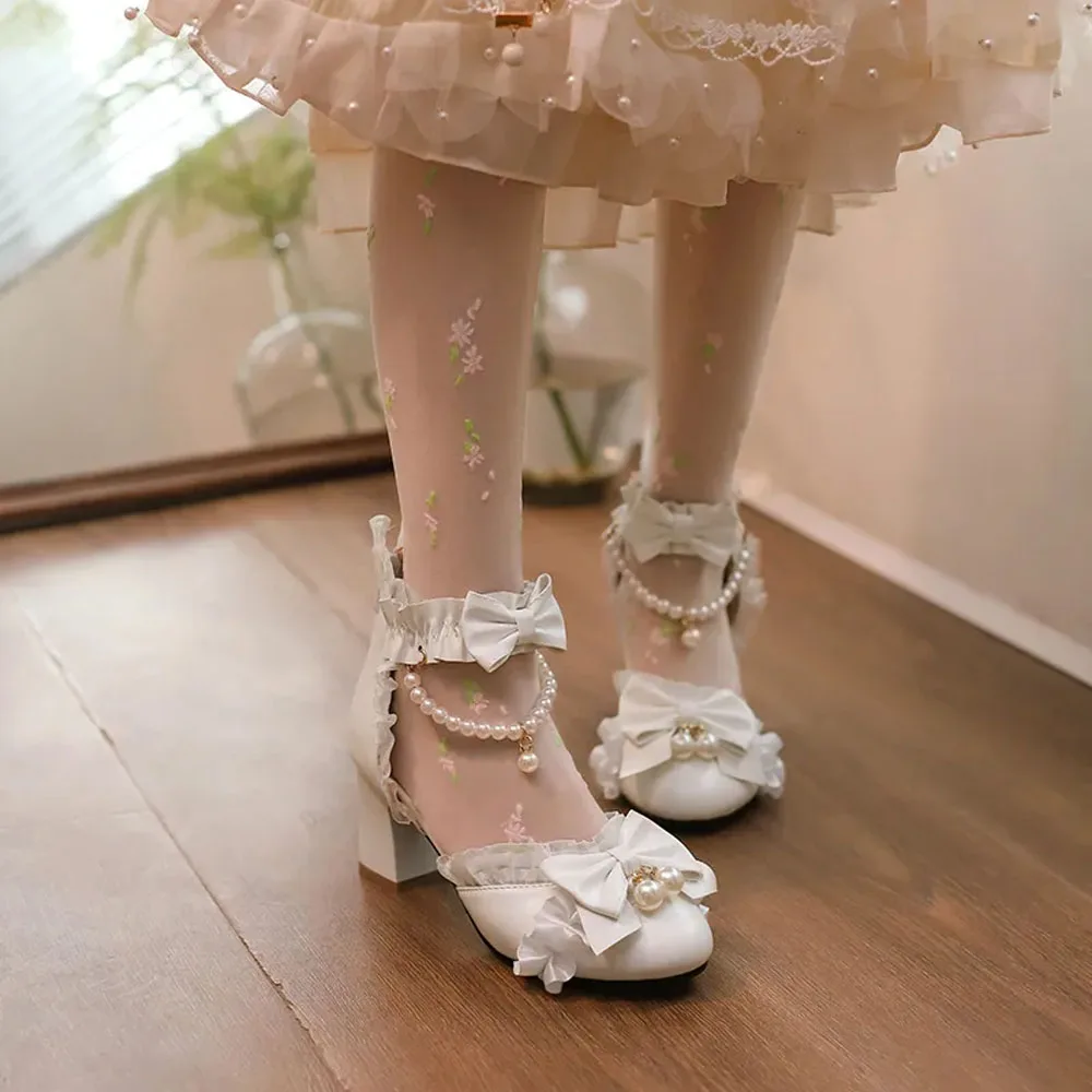 Sepatu hak tinggi Lolita gadis manis dengan ruffle ikatan simpul renda mutiara, Sepatu Putri Mary Jane, pesta pernikahan, Cosplay Sissy