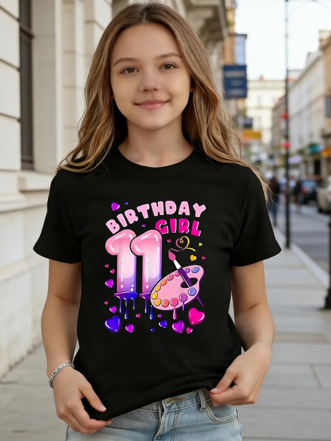 11th Birthday Girl Paint Palette Drip Hearts Art Graphic Kids T Shirt Boys Girls Family Matching Summer Crew Neck Casual Tee